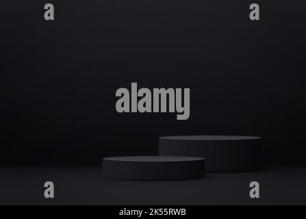 3D realistic vector round scene on a dark background. Black podium for presentations Stock Vector