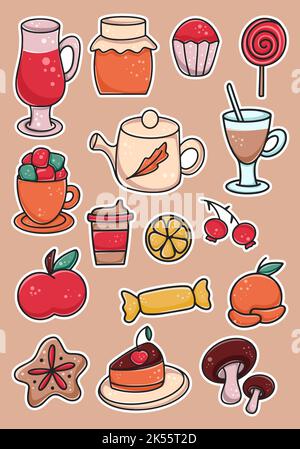 Food set of stickers vector illustration. Collection of hand drawn snack foods. Cake, candy, pie, coffee, tea, apple and more in cartoon style Stock Vector
