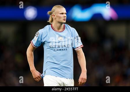 Manchester, UK. 05th Oct, 2022. Erling Haland of Manchester City during the UEFA Champions League Group G match between Manchester City and FC Copenhagen at the Etihad Stadium on October 5th 2022 in Manchester, England. (Photo by Daniel Chesterton/phcimages.com) Credit: PHC Images/Alamy Live News Stock Photo