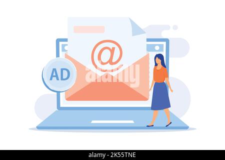Spamming, email spam. Girl cartoon character getting unsolicited ,undesirable electronic messages. Advertising, messaging, commercial, newsletter. Vec Stock Vector