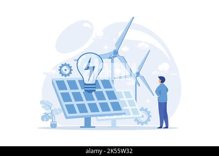 Alternative energy Green alternative energy technologies, eco friendly, nuclear, renewable sources, solar panels, wind turbine, hydropower flat design Stock Vector