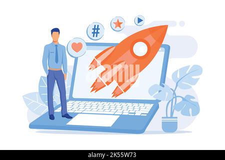 Successful internet marketing. Data, applications, e-services, multimedia. Social network likes and followers attraction colorful icon. Vector illustr Stock Vector
