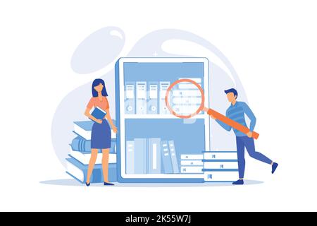 Public library visitors. Scientific research, self study, educational center. People looking for books on library shelves, reading textbooks flat desi Stock Vector