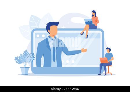 Web conference. People listening to online interactive seminar, lecture on computer screen. Webconferencing, webcast, webinar, e-learning. Vector illu Stock Vector