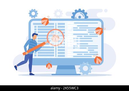 Software testing Programmer magnifier looking for defects in programme, application. Software bugs, errors, risks. flat design modern illustration Stock Vector