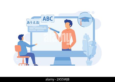 Foreign language workshop Foreign language learning group, native speaker course, professional translator, easy english, online education flat design Stock Vector
