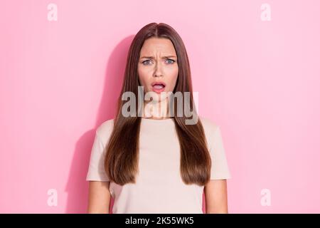 Photo Of Shocked Angry Woman Wear Stylish Green Clothes Fingers 