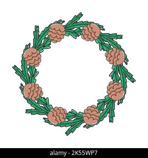 Beautiful winter wreath with fir branches and cones isolated vector. Circular botanical rim made of pine twigs. Festive Christmas decoration for cards Stock Vector