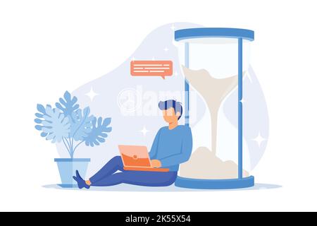 Man working with laptop Freelancer using computer. Freelance business, remote job, distant work. Time managementt. Home office. flat design modern ill Stock Vector