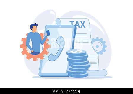 Pay call. Communicating through smartphone. Telephone contact, help line, client support. Solving problems with phone consultant. Talking on cellphone Stock Vector
