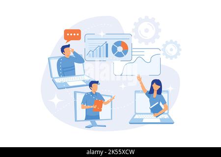 International business partners video conference. Web corporate meeting, webinar, online communication. Modern technologies, video chat. Stock Vector
