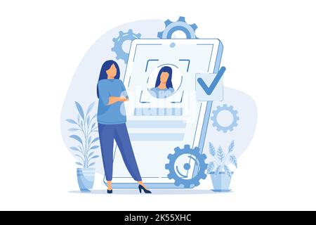 Verification technologies Verification process, data access, user password, social media account, iris scan, facial recognition, security flat design Stock Vector