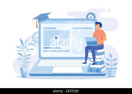 Online education platform Elearning platform, online teaching, educational courses, video call, webcam conference, laptop screen, webinar flat design Stock Vector