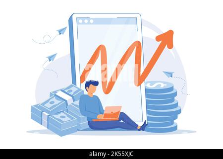 Internet business income. Earning money online. Cartoon character working with laptop. Programmer freelancer. Earning, investment, financial success. Stock Vector