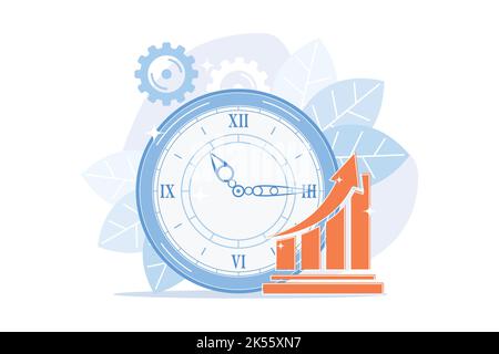 Clock and increasing chart. Workflow productivity increase, work performance optimization, efficiency indicator. Rising effectiveness metrics. Vector Stock Vector
