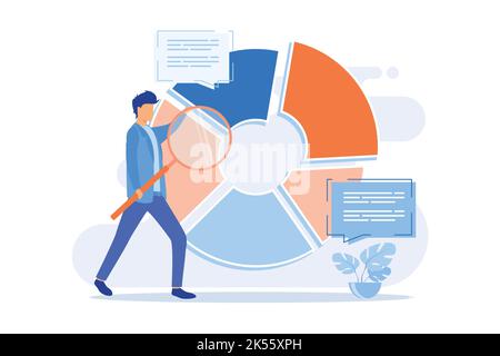 Statistical analysis magnifying glass analyzing data. Circular diagram with colorful segments. Statistics, audit, research. flat design modern illustr Stock Vector