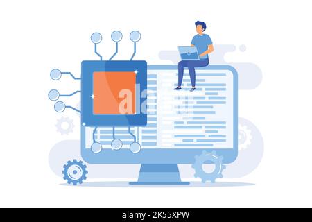 Online database, cloud disk. Data storage, information base, computer application. PC user, operator cartoon character. Information on monitor screen. Stock Vector