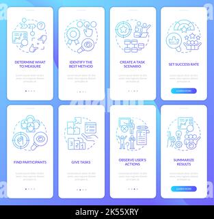 Usability testing goals blue gradient onboarding mobile app screen set Stock Vector
