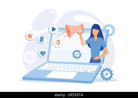 Internet marketing. Girl with loudspeaker making announcement. Advertisement, commercial, notification. Using social network to promote goods. flat de Stock Vector