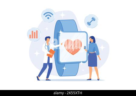 Heart rate on smartwatch. Portable pulse tracker. Wrist clock, watch with touchscreen, healthcare app. Fitness assistant. Gadget for workout. Vector i Stock Vector