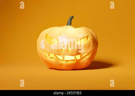 Jack-o-lantern pumpkin in orange background, rendered 3d model. Halloween and festive autumn themes and symbols Stock Photo