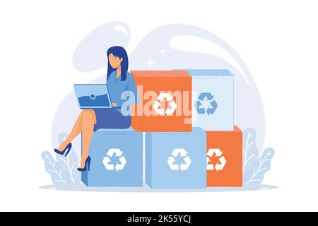 Recyclable and eco friendly packaging. Order tracking, Internet shopping, delivery service. Reusable cardboard boxes, ecological material container. V Stock Vector