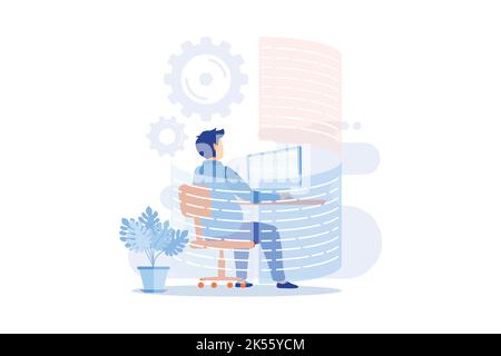 businessman using computer at work. Professional secretary, web developer, freelancer entrepreneur. Freelance workflow, remote job. Employee cartoon c Stock Vector