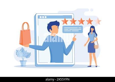 Product review Social media review, online rating service, content marketing tools, customer feedback, new product rating, recommendation flat design Stock Vector