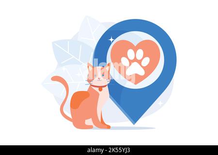 Pet friendly area. Domestic animals, cat lovers cafe, feline center location. Pet paw silhouette on red heart sign. Animals hotel symbol. Vector illus Stock Vector