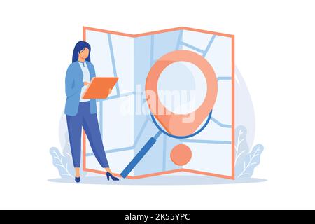 Internet order delivery tracking. GPS navigator service website flat design element. Pointer, magnifier, map. Route online planning, path finding. Vec Stock Vector