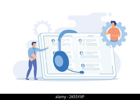 Customer self-service E-support system, electronic proactive customer, online assistance, FAQs knowledge base, representative free shop flat design mo Stock Vector