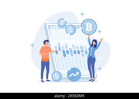 Cryptocurrency trading desk Bitcoin futures platform, crypto exchange trade service, financial technology business, smart order routing flat design mo Stock Vector