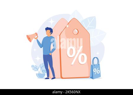 Sales promotion cartoon web icon. Marketing strategy, rebate advertising, discount offer. Low price idea. Clearance sale, customer attraction. Vector Stock Vector