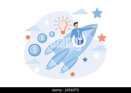 Launching business project. Innovative solutions, creative thinking, brave ideas. Businessman self motivation and professional aspirations. Vector ill Stock Vector