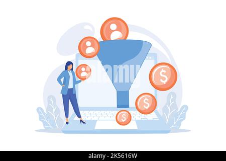 Sales funnel. Lead generation, customer management, marketing strategy. Commerce conversion flat design element. Selling plan. Clients filter. Vector Stock Vector
