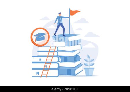 Clever man, student standing on books stack with flag. Self learning, personal improvement, knowledge obtaining. Educational achievement. Vector illus Stock Vector