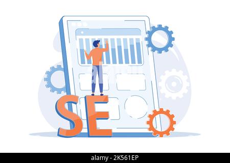 Search engine optimization. Online promotion. Smm manager cartoon character. Mobile settings, tools adjustment, business platform. Website analysis. V Stock Vector