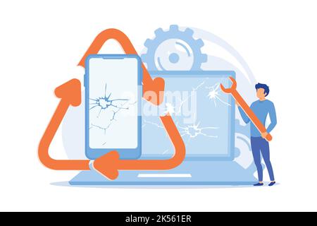 Broken electronics reusing. Damaged device fixing, repairing service, used portable gadgets. Smartphone and laptop with cracks on screen. Vector illus Stock Vector