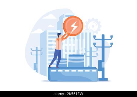 Power plant, electric industry, energy production. Electricity generation fabric, power substation, electrical energy source metaphor. Vector illustra Stock Vector