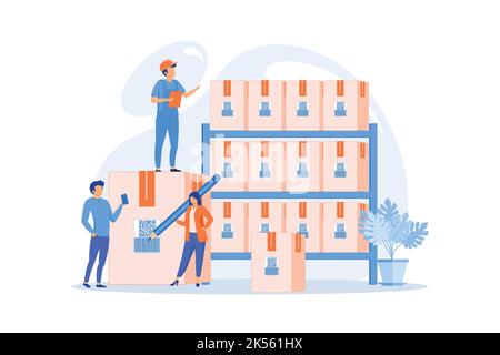 Workers in warehouse, storage facility. Sorting and labeling items. Barcode scanning, barcode generator software, mobile proof of delivery concept. Stock Vector