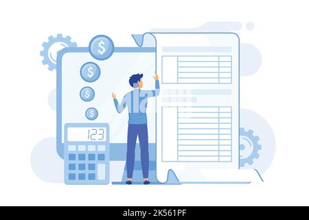 Electronic documentation. Man with registration. Checking repository log. Online approval, screen form, validation page. Expense chronicles. Vector il Stock Vector