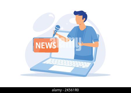 Mass media. Reporter cartoon character. Daily news, broadcasting, online press, internet journalism. Social media concept. Correspondent, journalist. Stock Vector