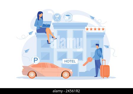 Business people at hotel use all included services, lodgings and wifi. All-inclusive hotel, luxury hospitality resort, all included service concept. Stock Vector