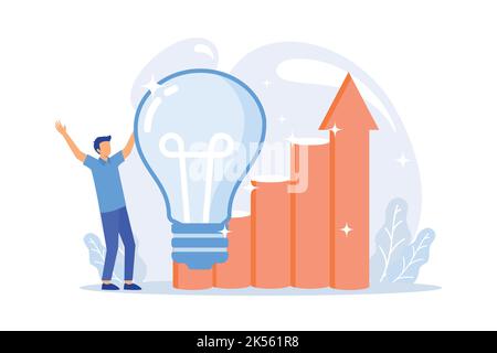 Creative thinking. Original suggestion, non standard decision, problem solving. Man with big lightbulb cartoon character. Innovative development. Vect Stock Vector