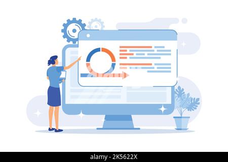 Woman using software cartoon character. Working process, workflow analysis, internet platform testing. Female programmer, professional financial analy Stock Vector