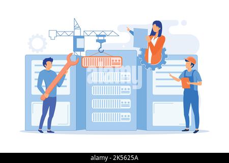 Engineers consolidating and structuring data in the center. Big data engineering, massive data operation, big data architecture concept. vector illust Stock Vector