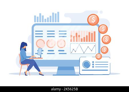 Data analyst consolidating financial information and reports on computer. Financial data management, financial software, digital data report concept. Stock Vector