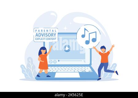 Children at laptop listening to music with parental advisory label warning. Parental advisory, explicit content, kids warning label concept. vector il Stock Vector