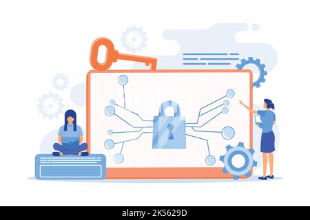 Cryptographic officer and system administrator create algorithm code for key owner of blockchain. Cryptography and encryption algorithm concept. vecto Stock Vector