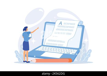 Electronic document. Electronic paper, paperless office, Internet article. Online documentation organization. Typing text file on computer. Vector ill Stock Vector